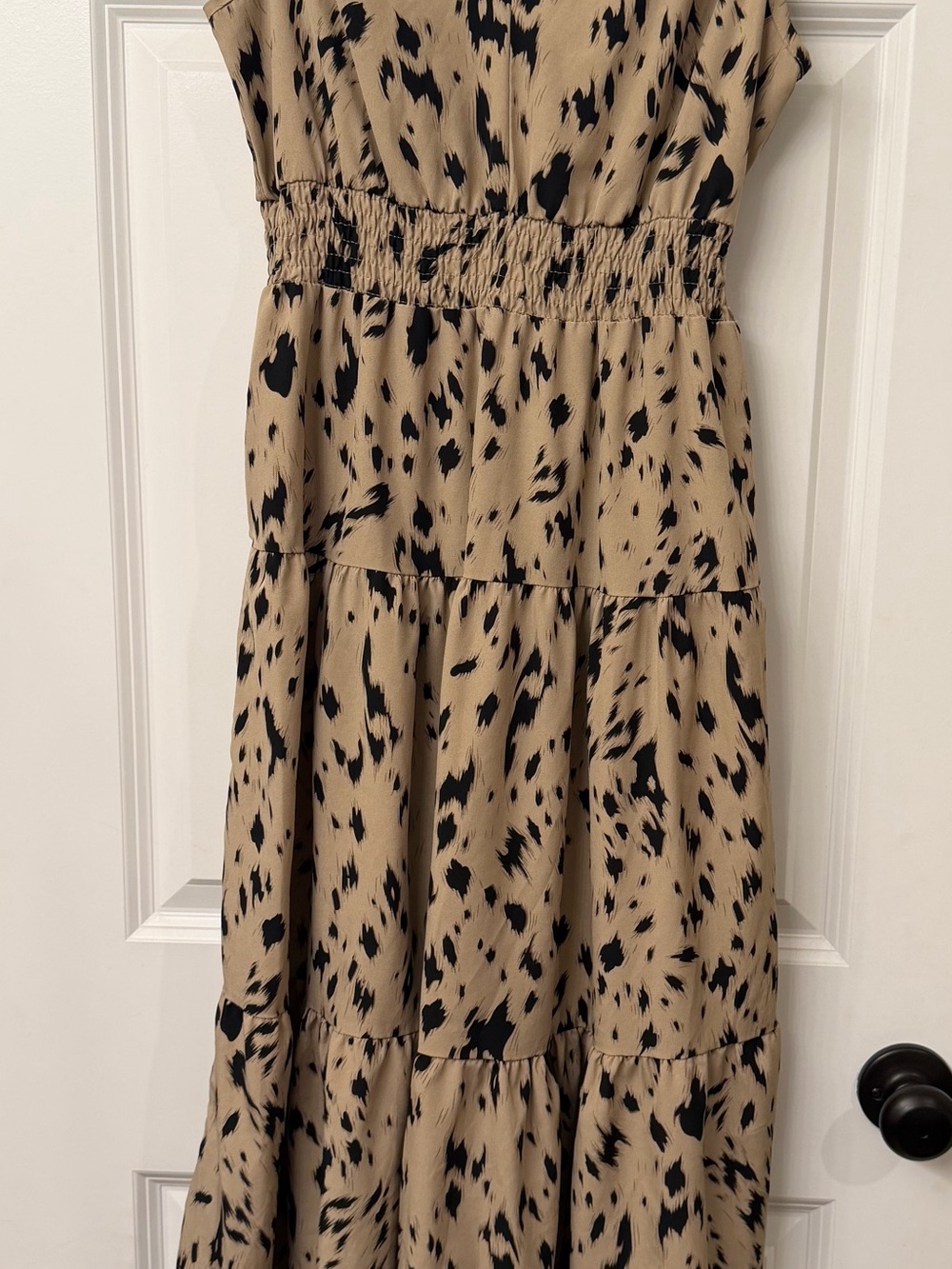 Tiered V-Neck Sleeveless Dress in Beige with Black Print